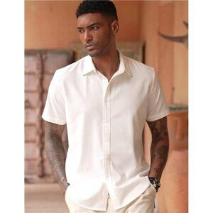 Men's Linen Casual Short Sleeve Shirts Button Down Summer Beach Shirt